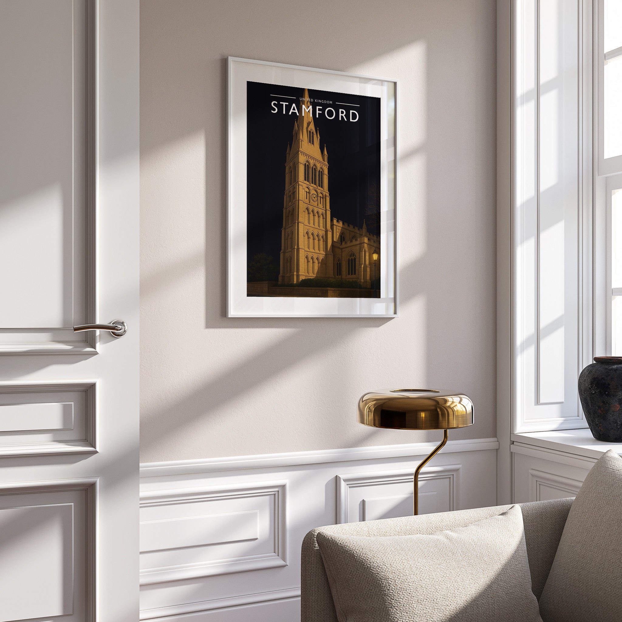 Stamford #6 Travel Poster in a white frame on a panelled wall