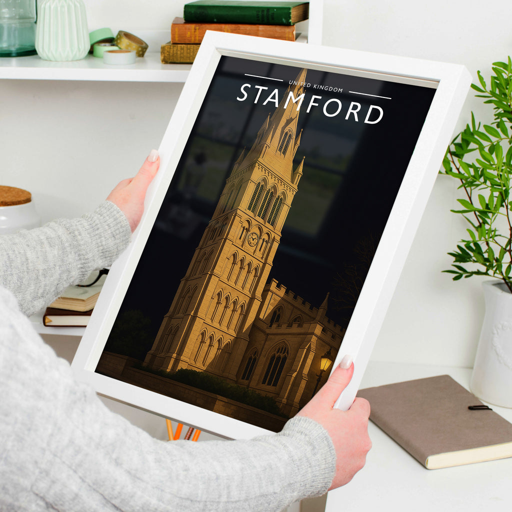 Stamford #6 Travel Poster in a white frame, held to show scale