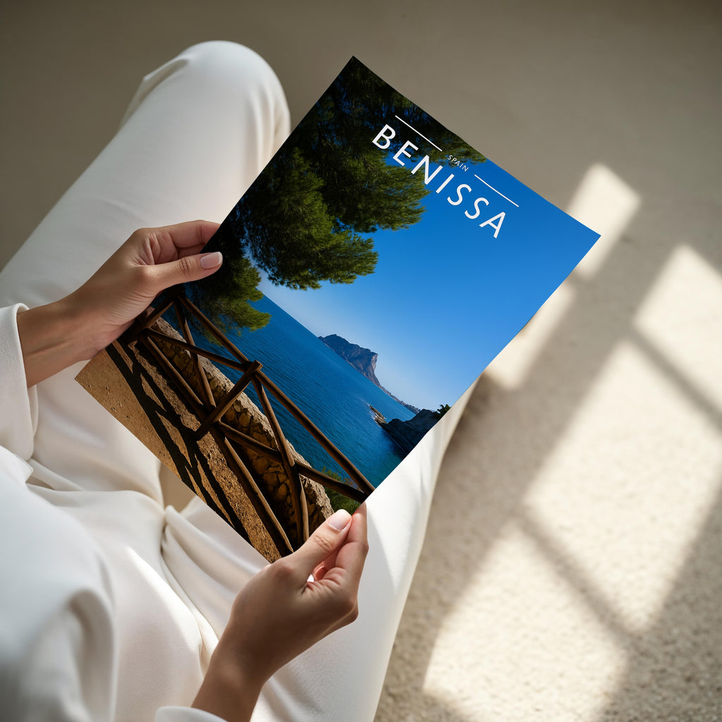 Benissa Travel Poster - A4 print held in hand