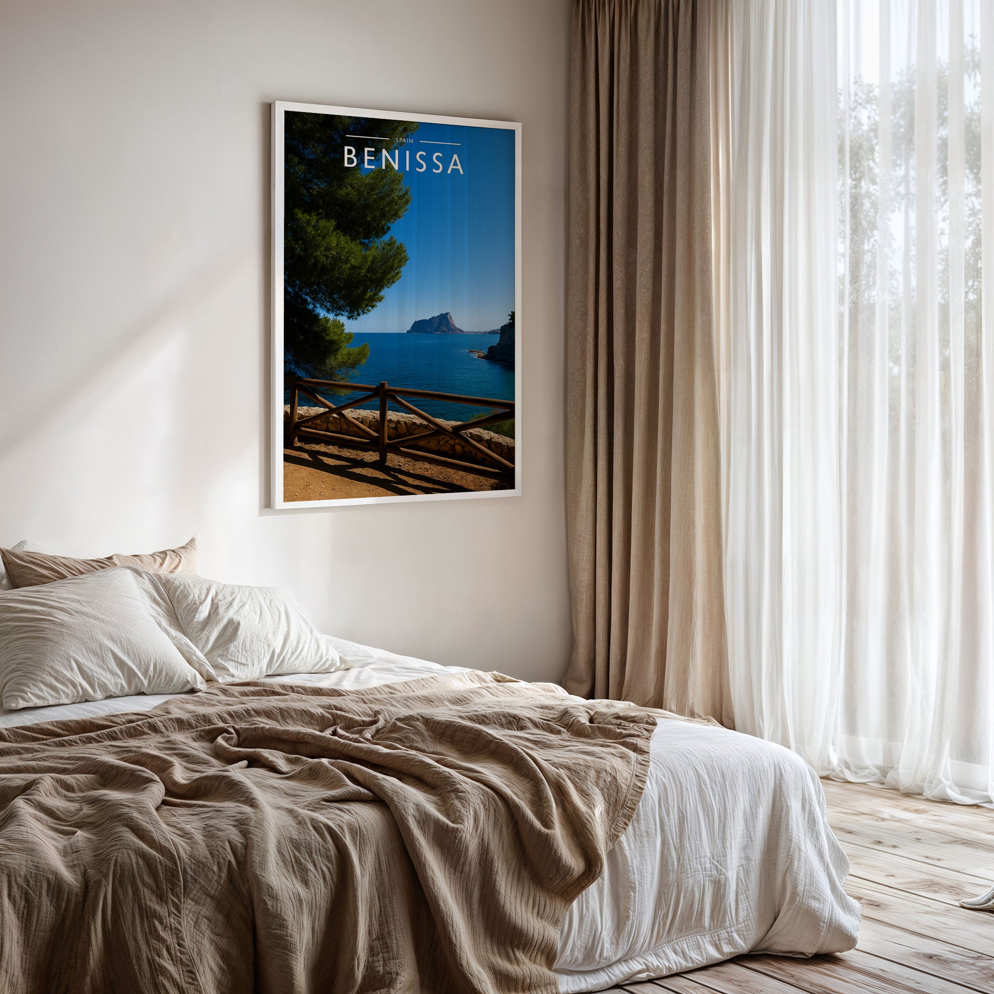 Benissa Travel Poster framed on a bedroom wall