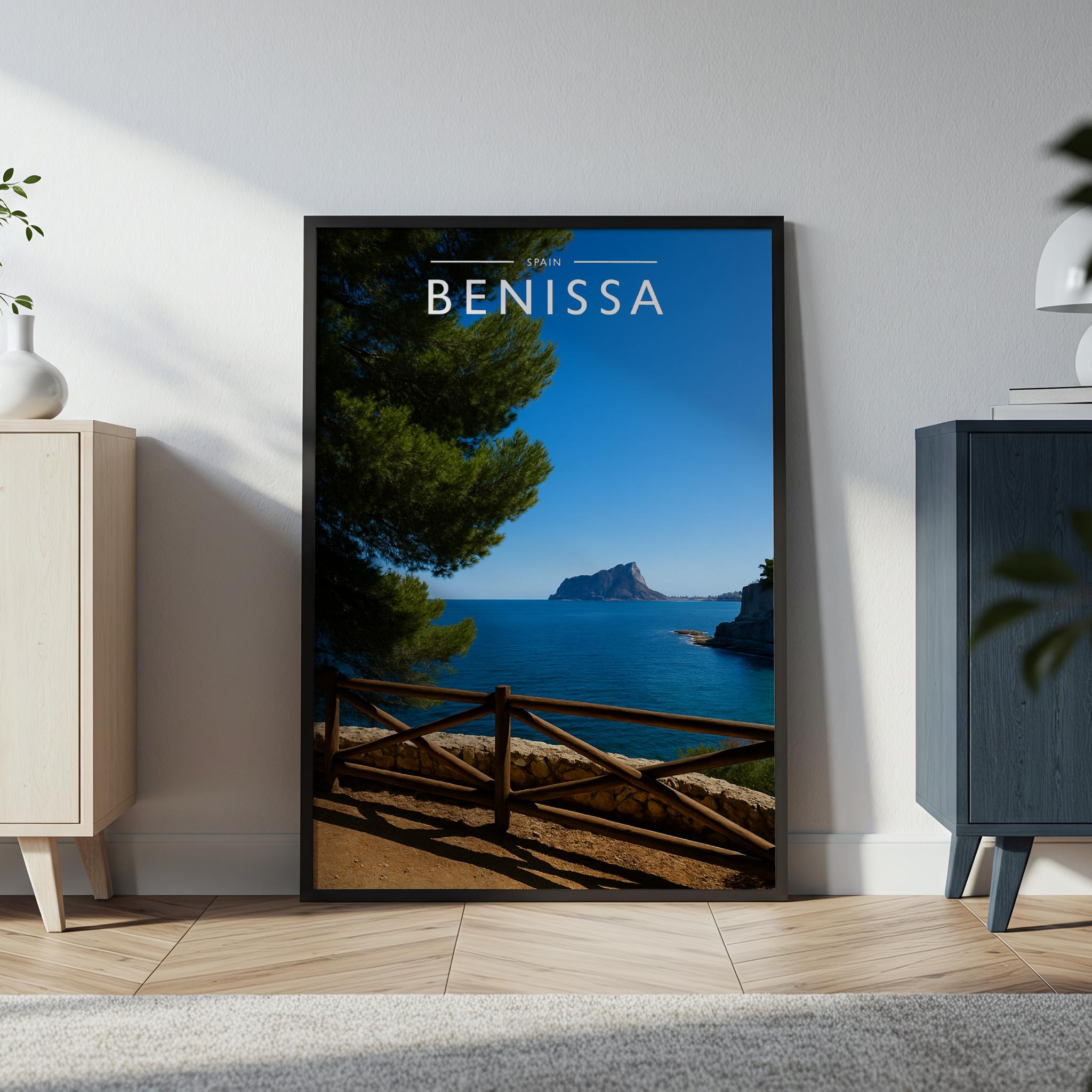 Benissa Travel Poster in a black frame