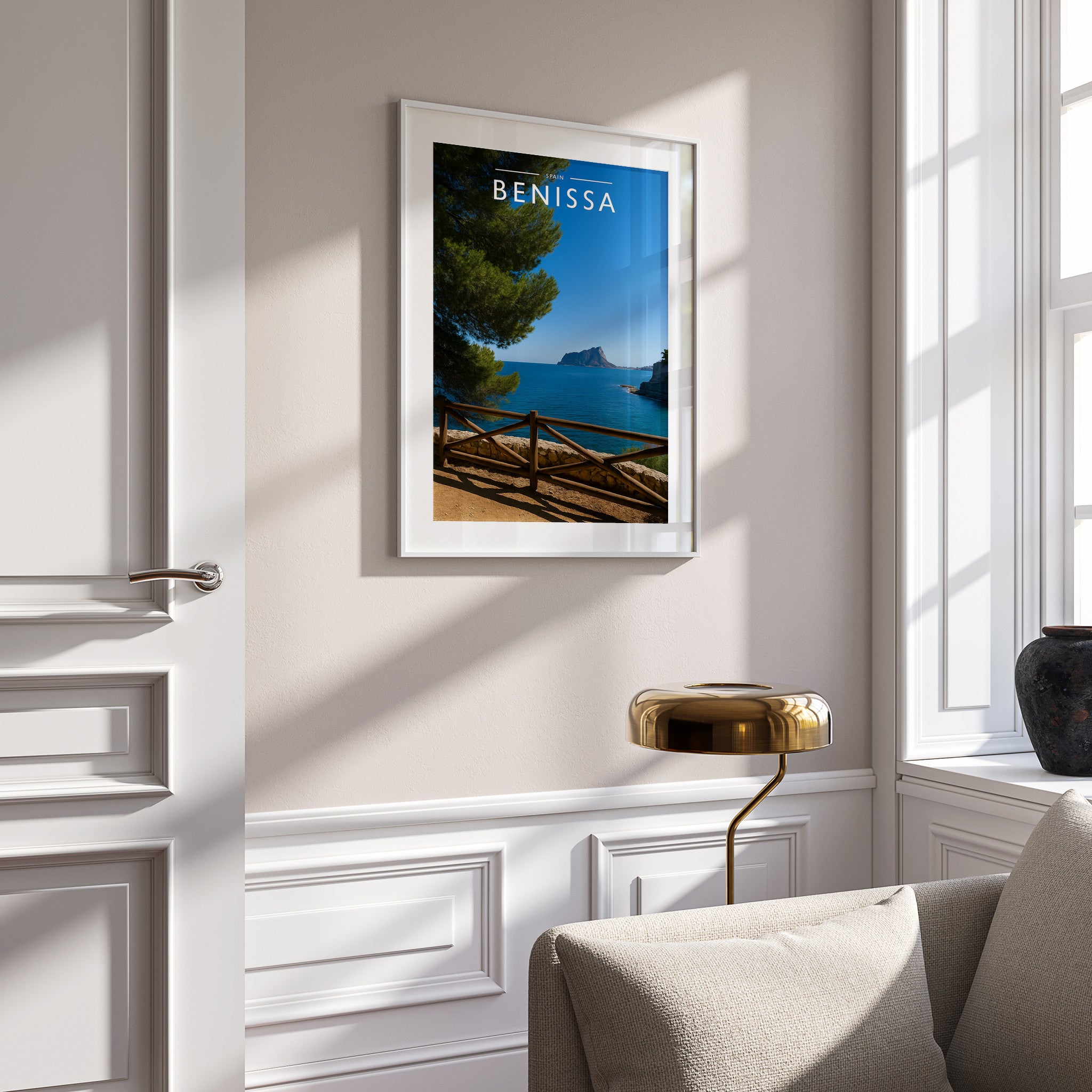 Benissa Travel Poster in a white frame on a panelled wall