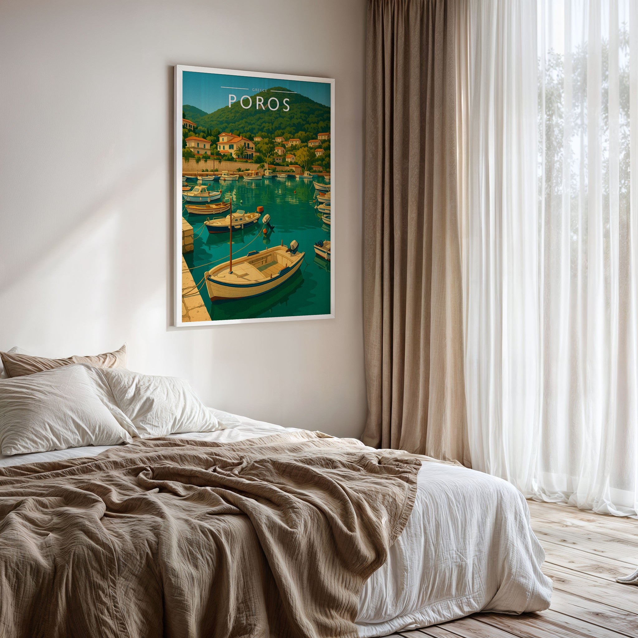 Poros #2 Travel Poster framed on a bedroom wall