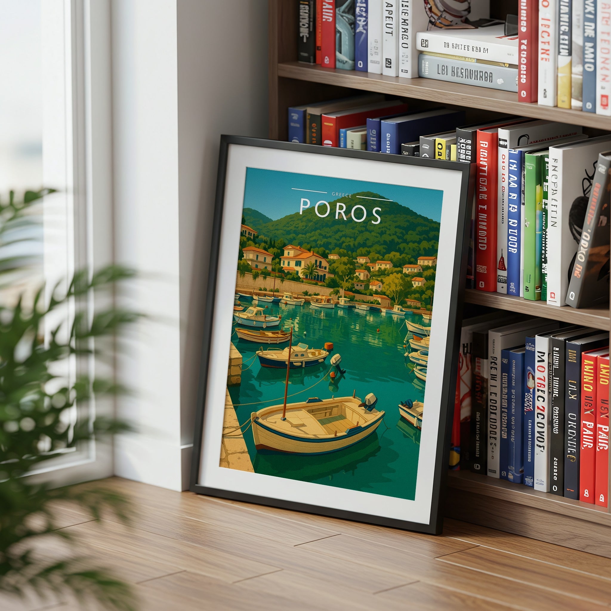 Poros #2 Travel Poster mounted in a black frame