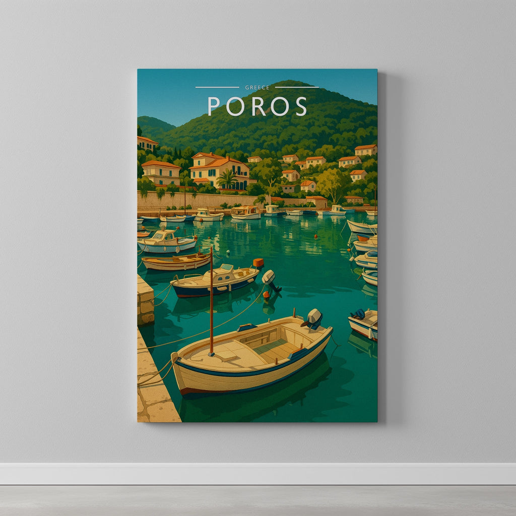 Poros #2 Travel Poster as a gallery-wrapped canvas on a plain wall