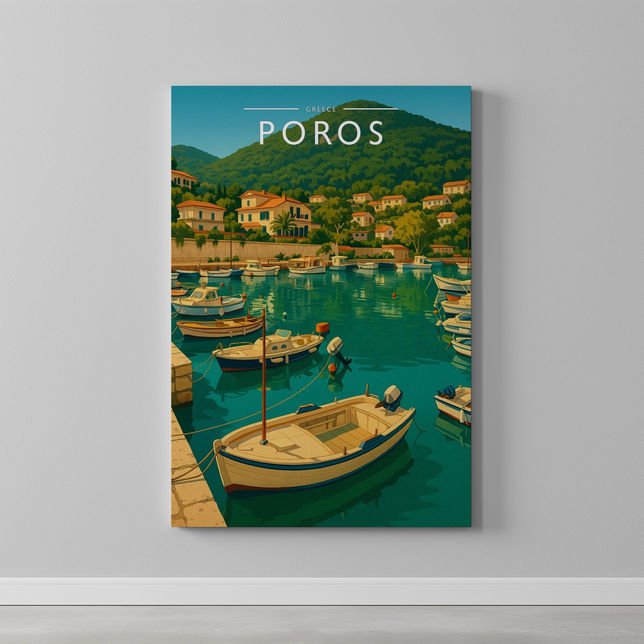 Poros #2 Travel Poster as a gallery-wrapped canvas on a plain wall