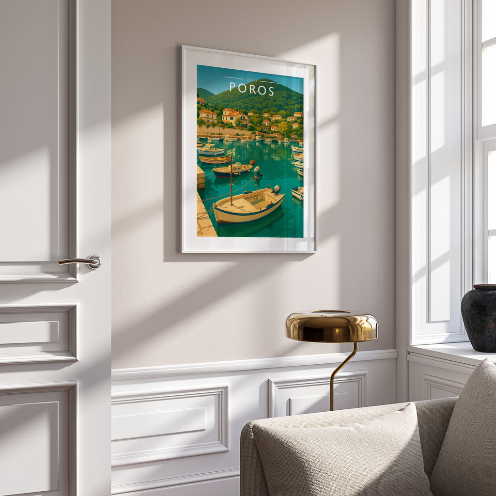Poros #2 Travel Poster in a white frame on a panelled wall