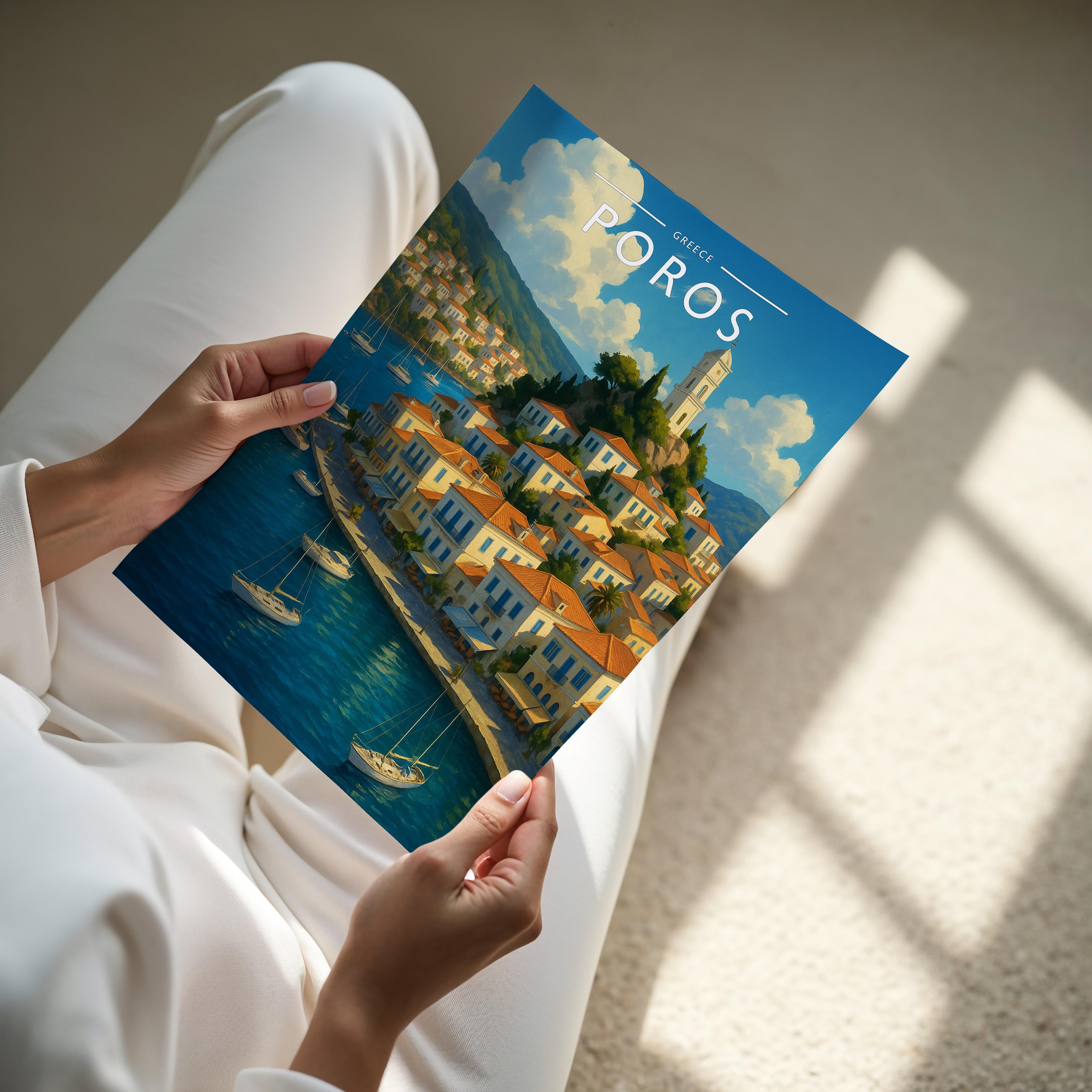 Poros #3 Travel Poster - A4 print held in hand