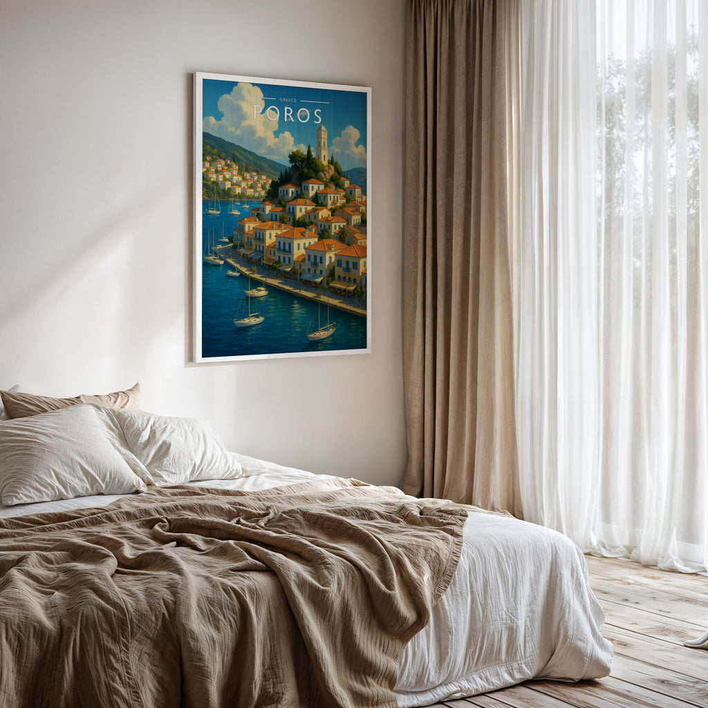 Poros #3 Travel Poster framed on a bedroom wall