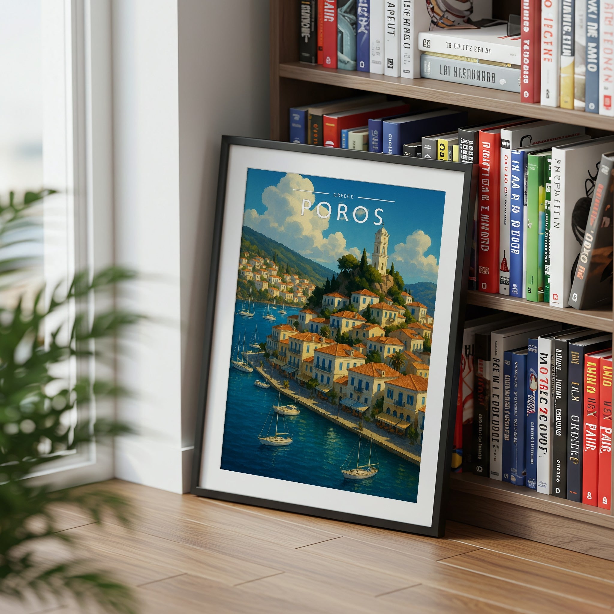 Poros #3 Travel Poster mounted in a black frame
