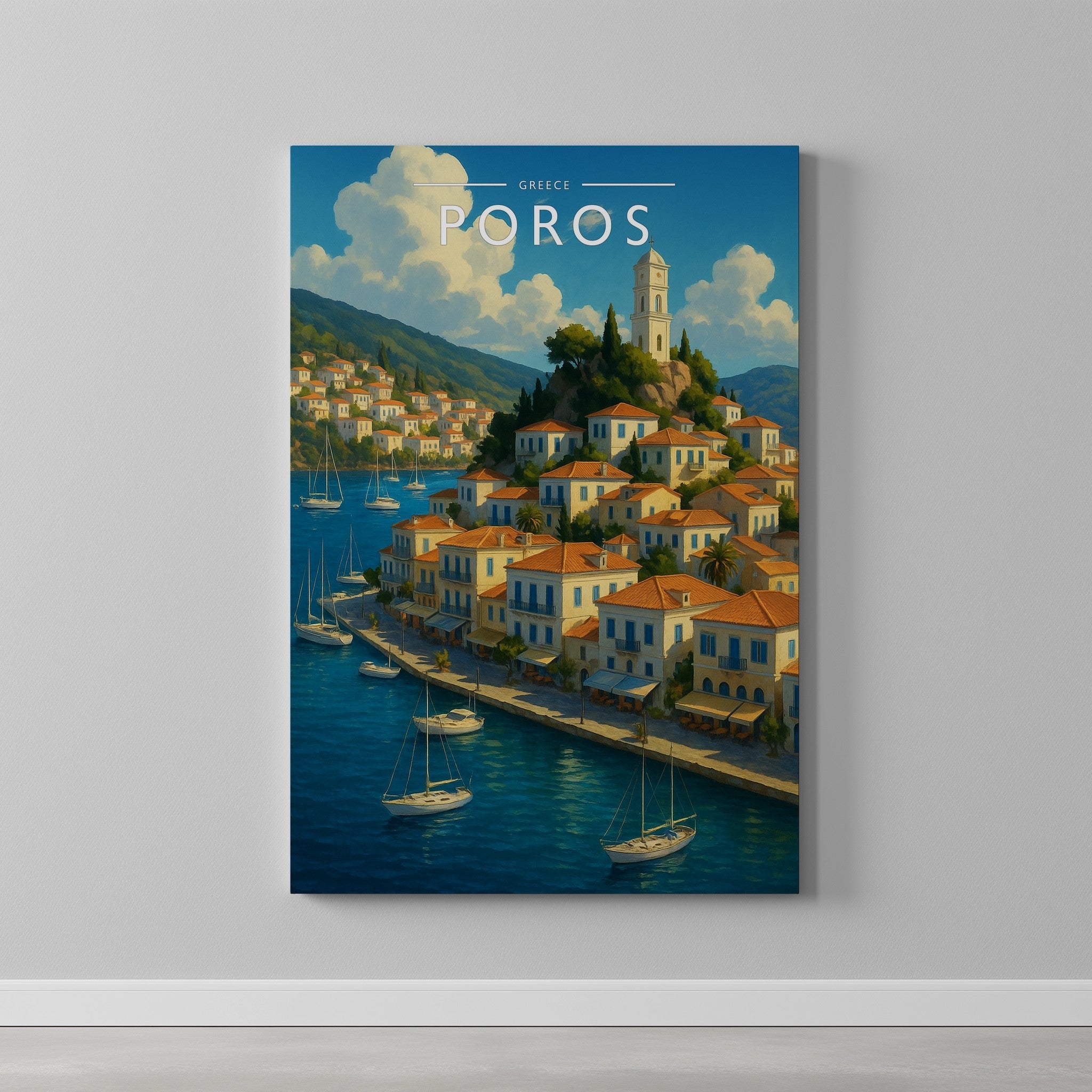 Poros #3 Travel Poster as a gallery-wrapped canvas on a plain wall