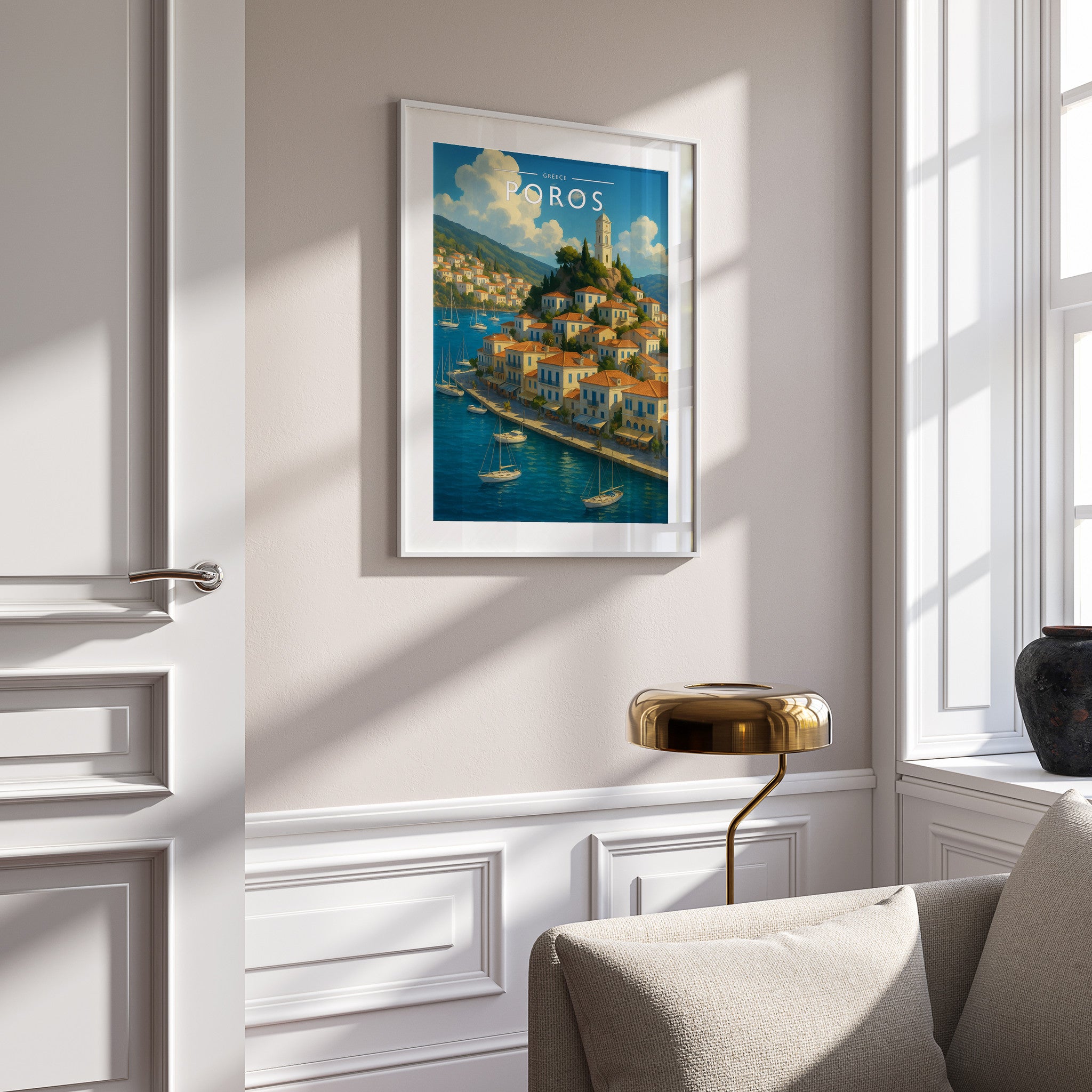 Poros #3 Travel Poster in a white frame on a panelled wall