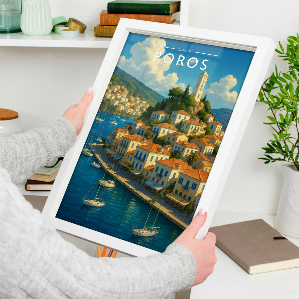Poros #3 Travel Poster in a white frame, held to show scale