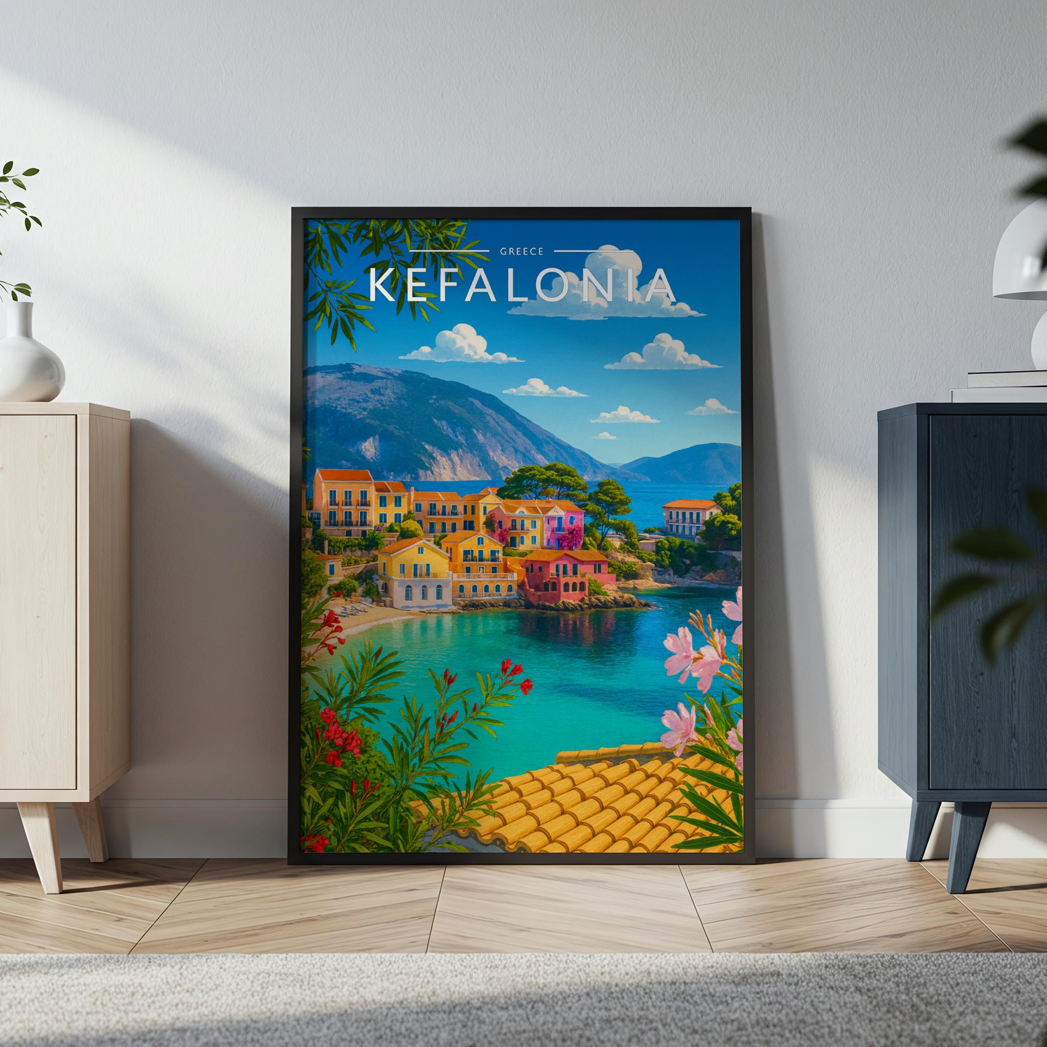 Kefalonia Travel Poster in a black frame