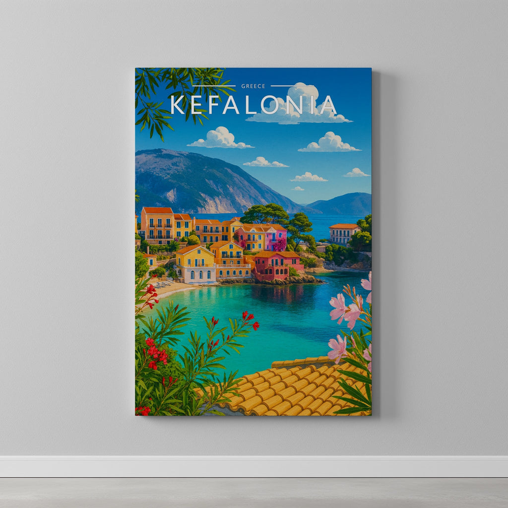 Kefalonia Travel Poster as a gallery-wrapped canvas on a plain wall