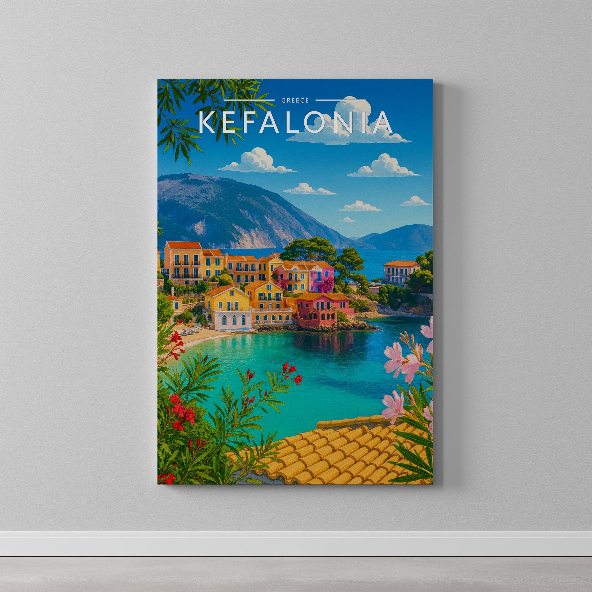 Kefalonia Travel Poster as a gallery-wrapped canvas on a plain wall