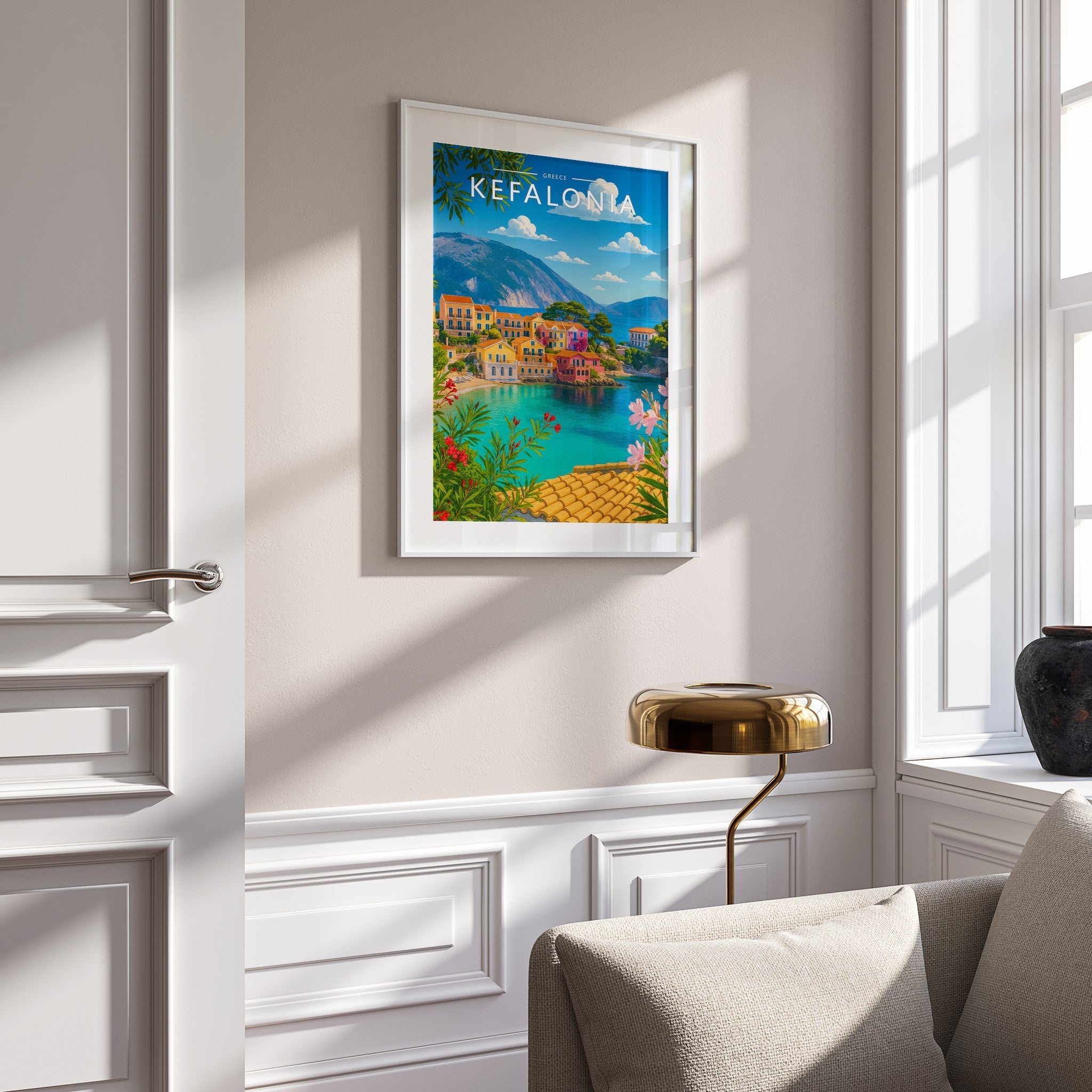 Kefalonia Travel Poster mounted in a white frame