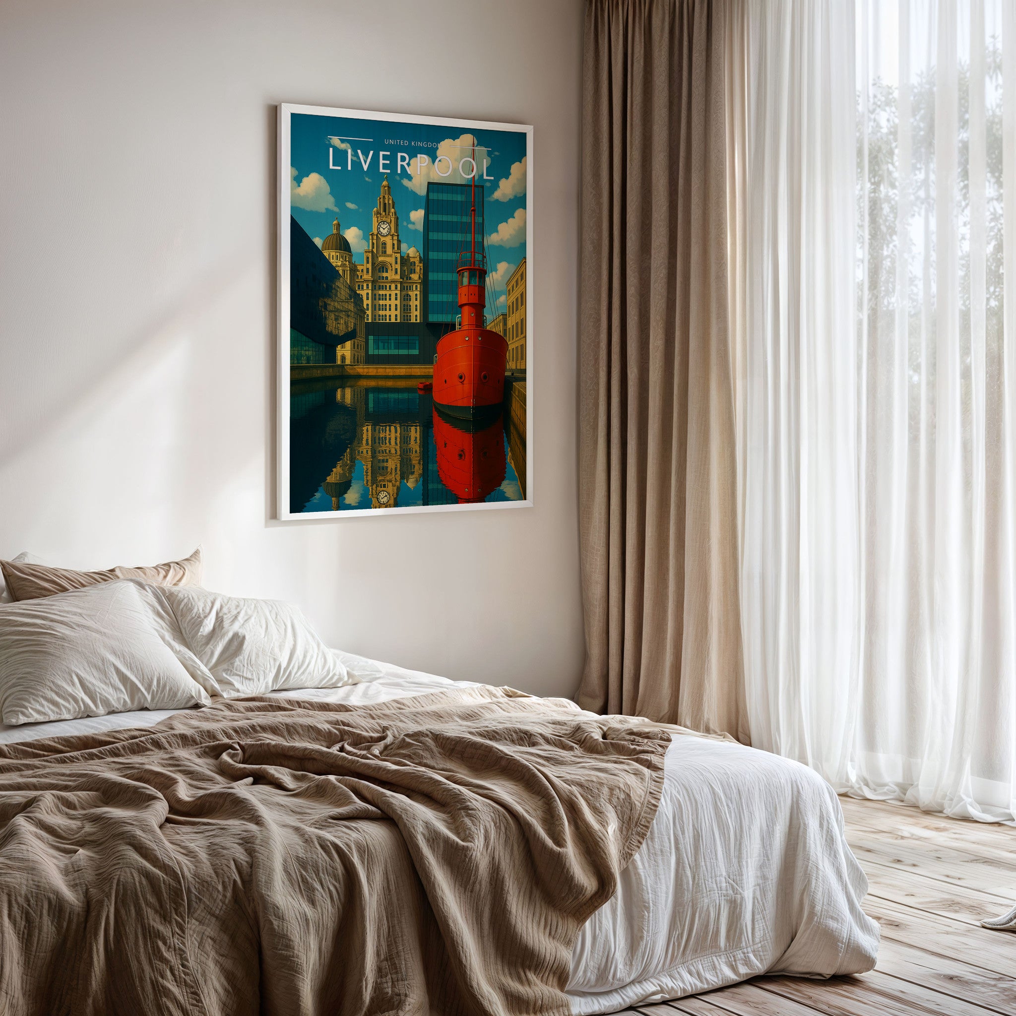 Liverpool Travel Poster framed on a bedroom wall