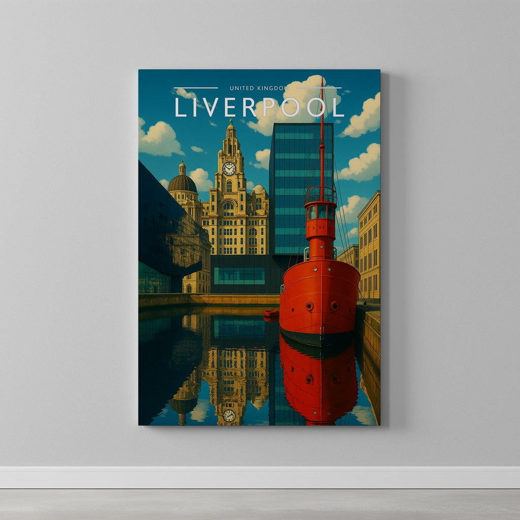 Liverpool Travel Poster as a gallery-wrapped canvas on a plain wall