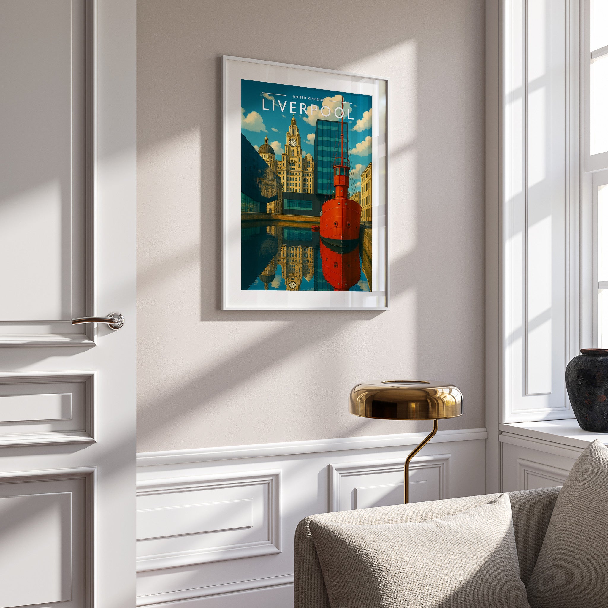 Liverpool Travel Poster in a white frame on a panelled wall
