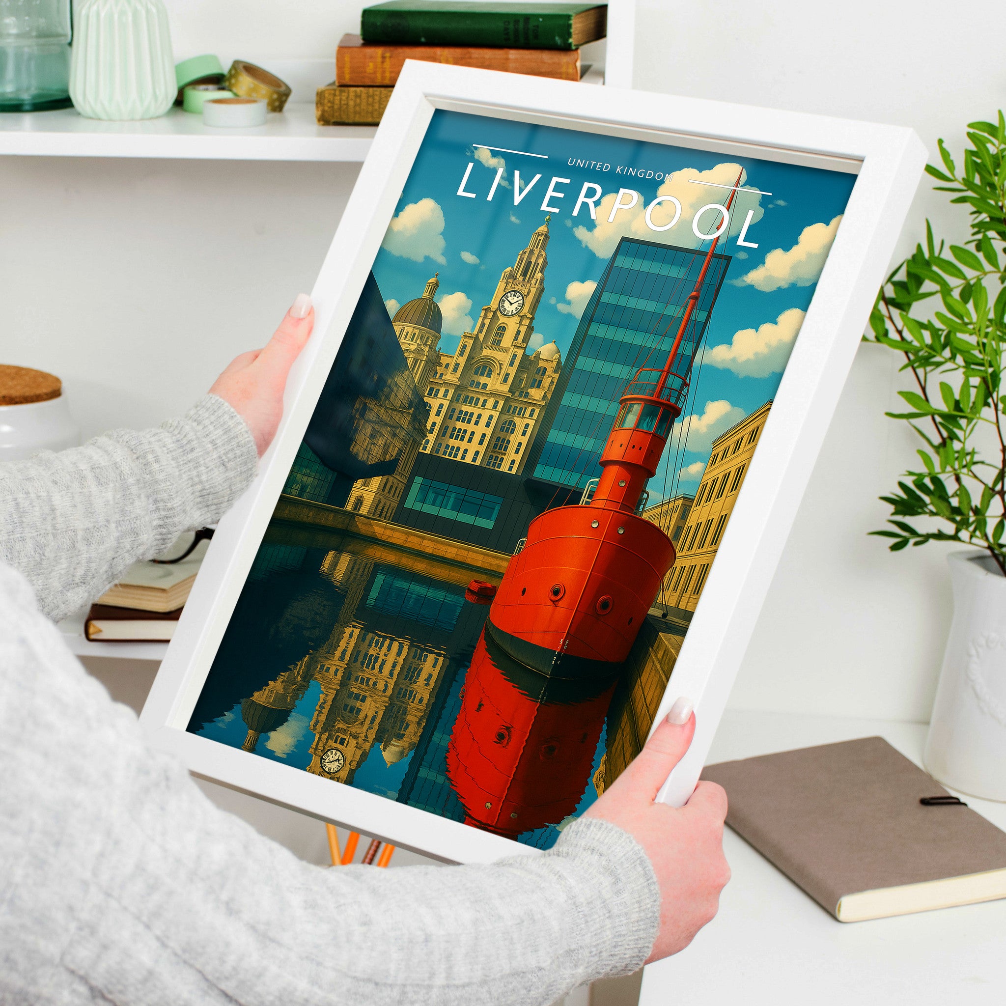 Liverpool Travel Poster in a white frame, held to show scale