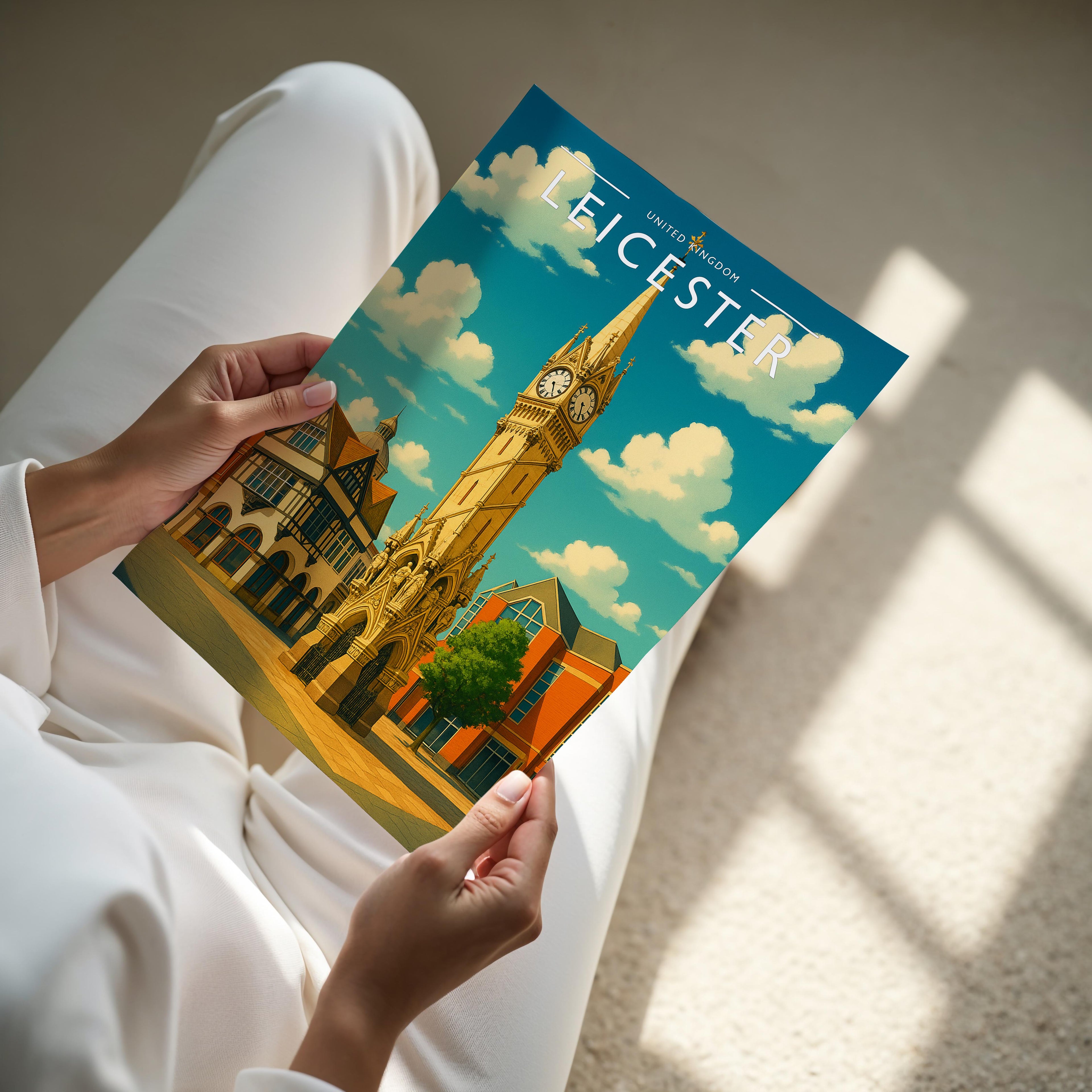 Leicester Travel Poster - A4 print held in hand