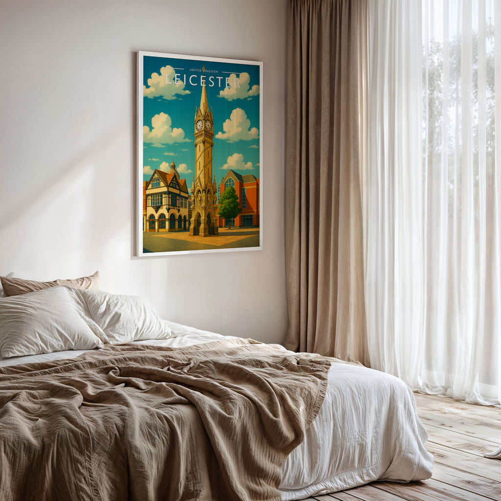 Leicester Travel Poster framed on a bedroom wall