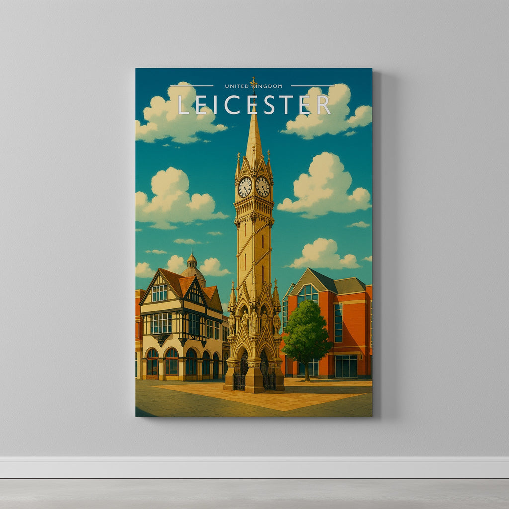 Leicester Travel Poster as a gallery-wrapped canvas on a plain wall