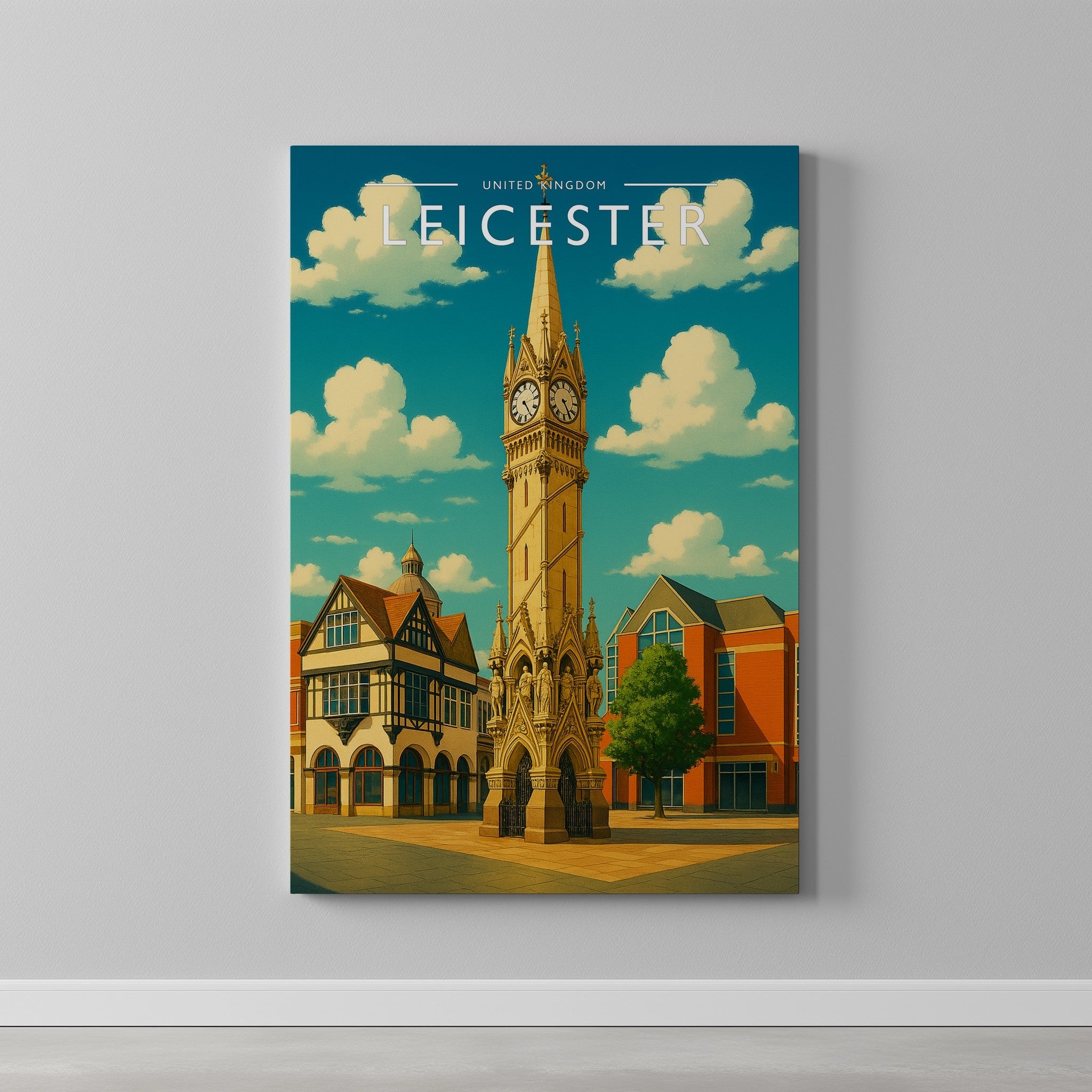 Leicester Travel Poster as a gallery-wrapped canvas on a plain wall