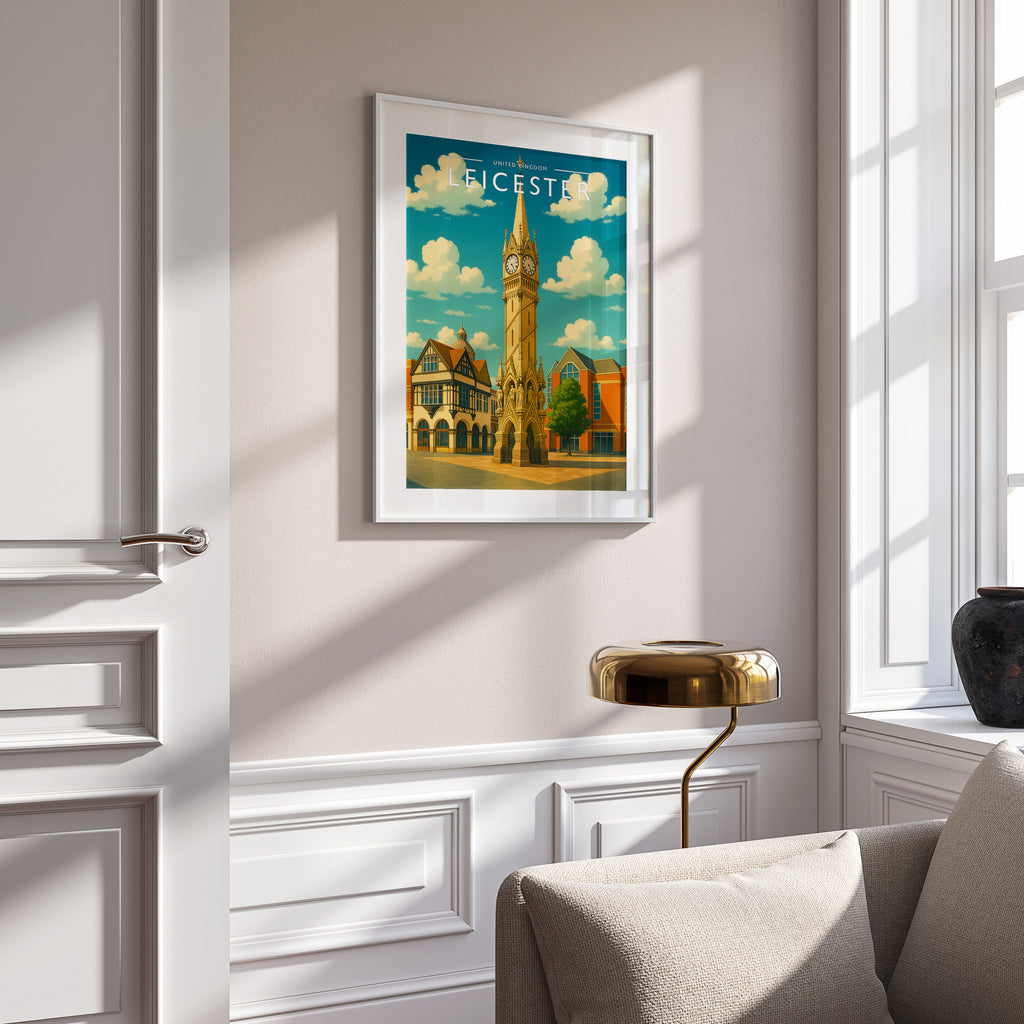 Leicester Travel Poster in a white frame on a panelled wall