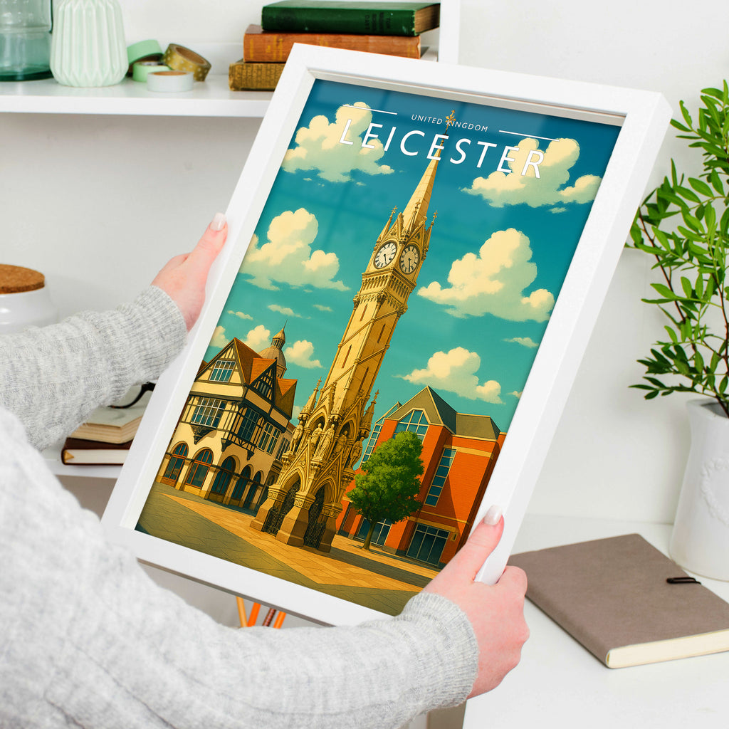 Leicester Travel Poster in a white frame, held to show scale