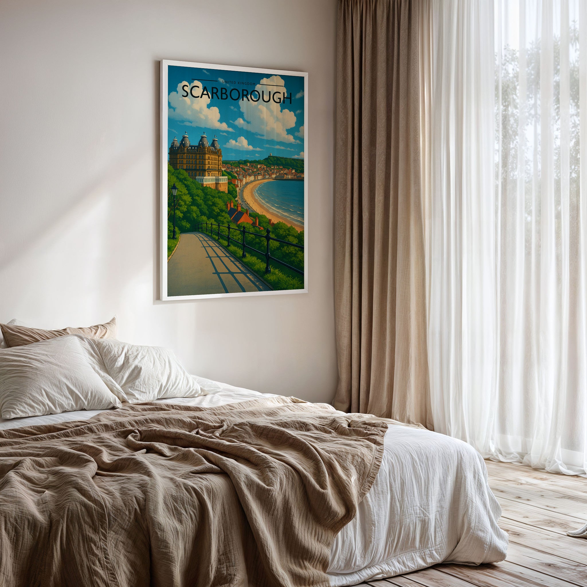 Scarborough Travel Poster framed on a bedroom wall