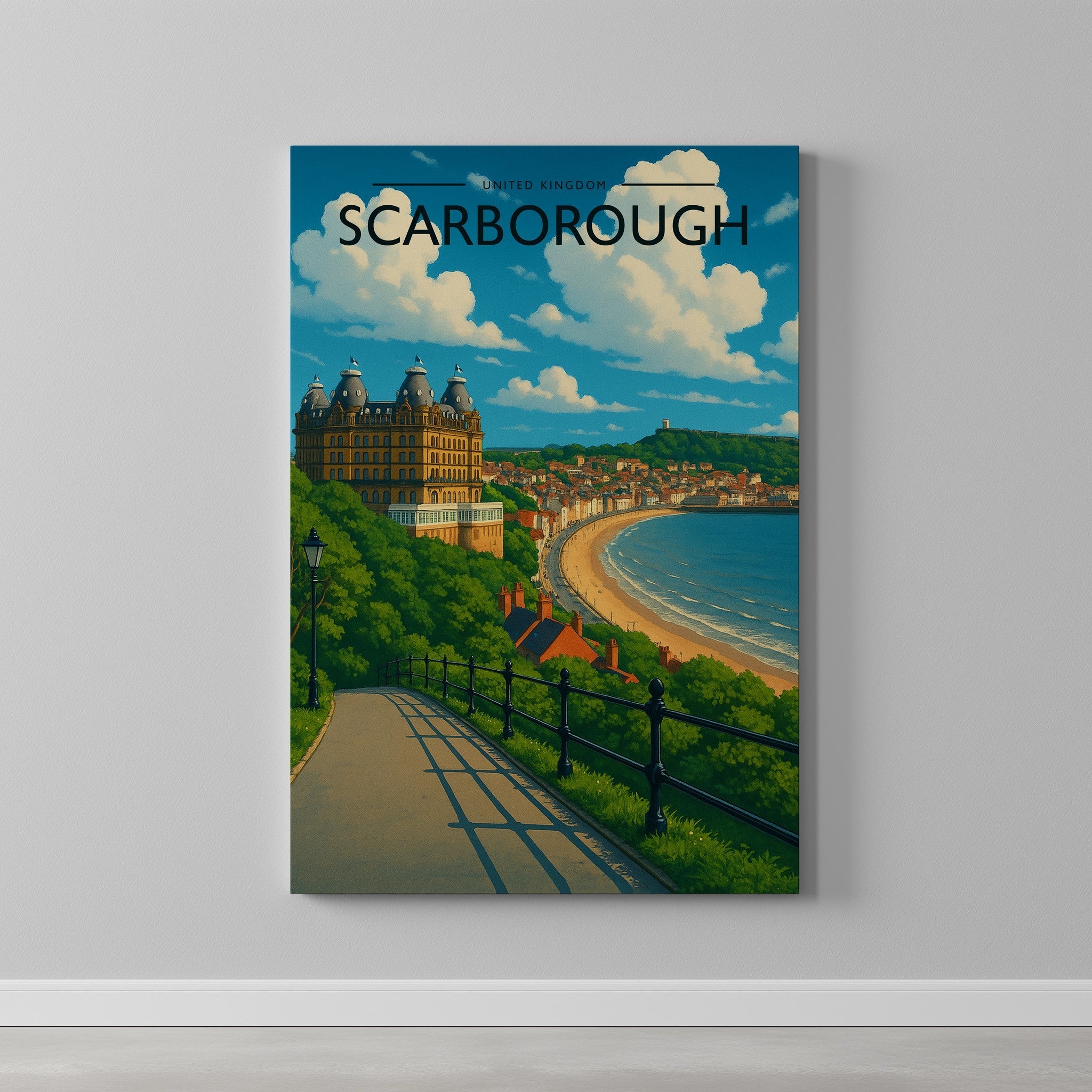 Scarborough Travel Poster as a gallery-wrapped canvas on a plain wall