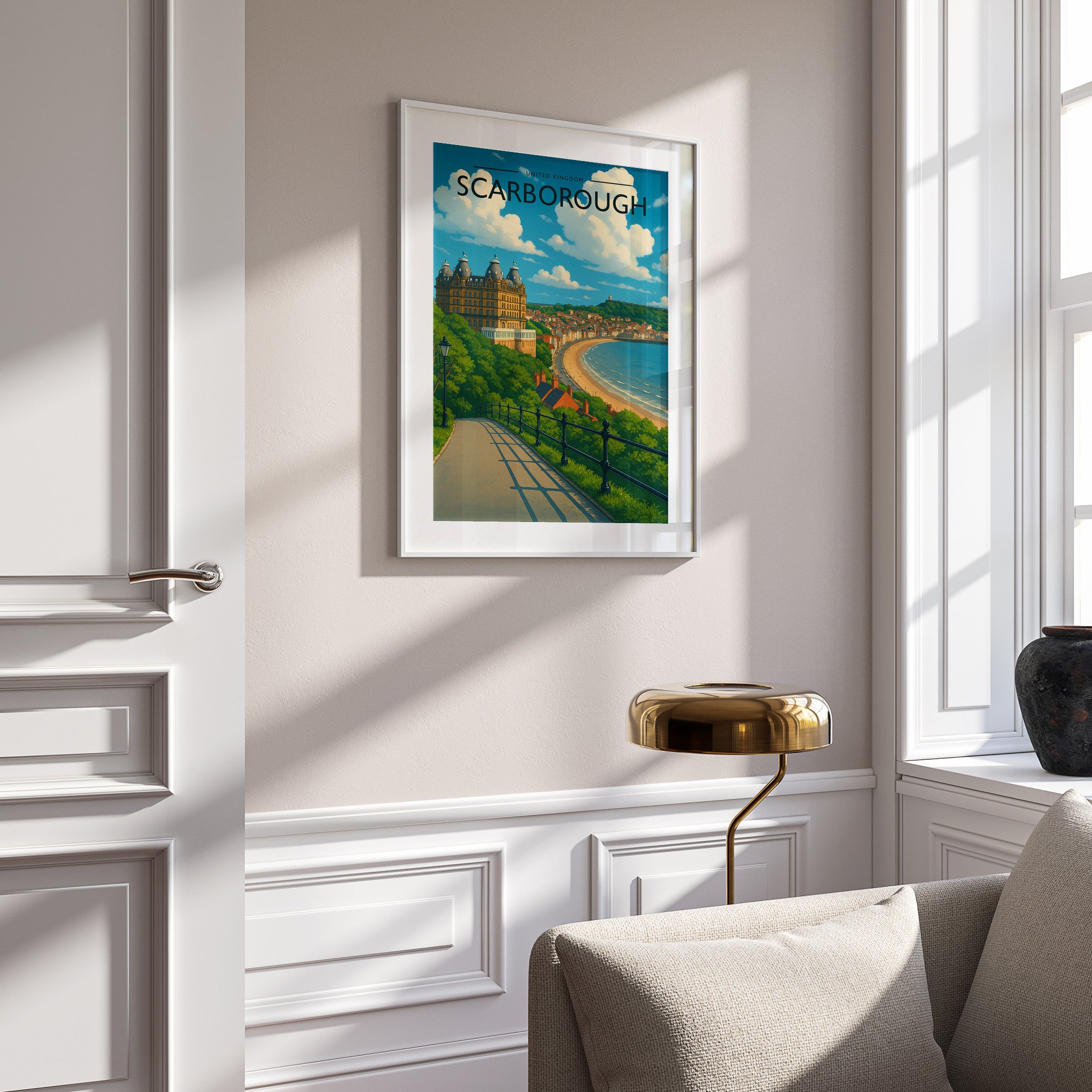 Scarborough Travel Poster in a white frame on a panelled wall