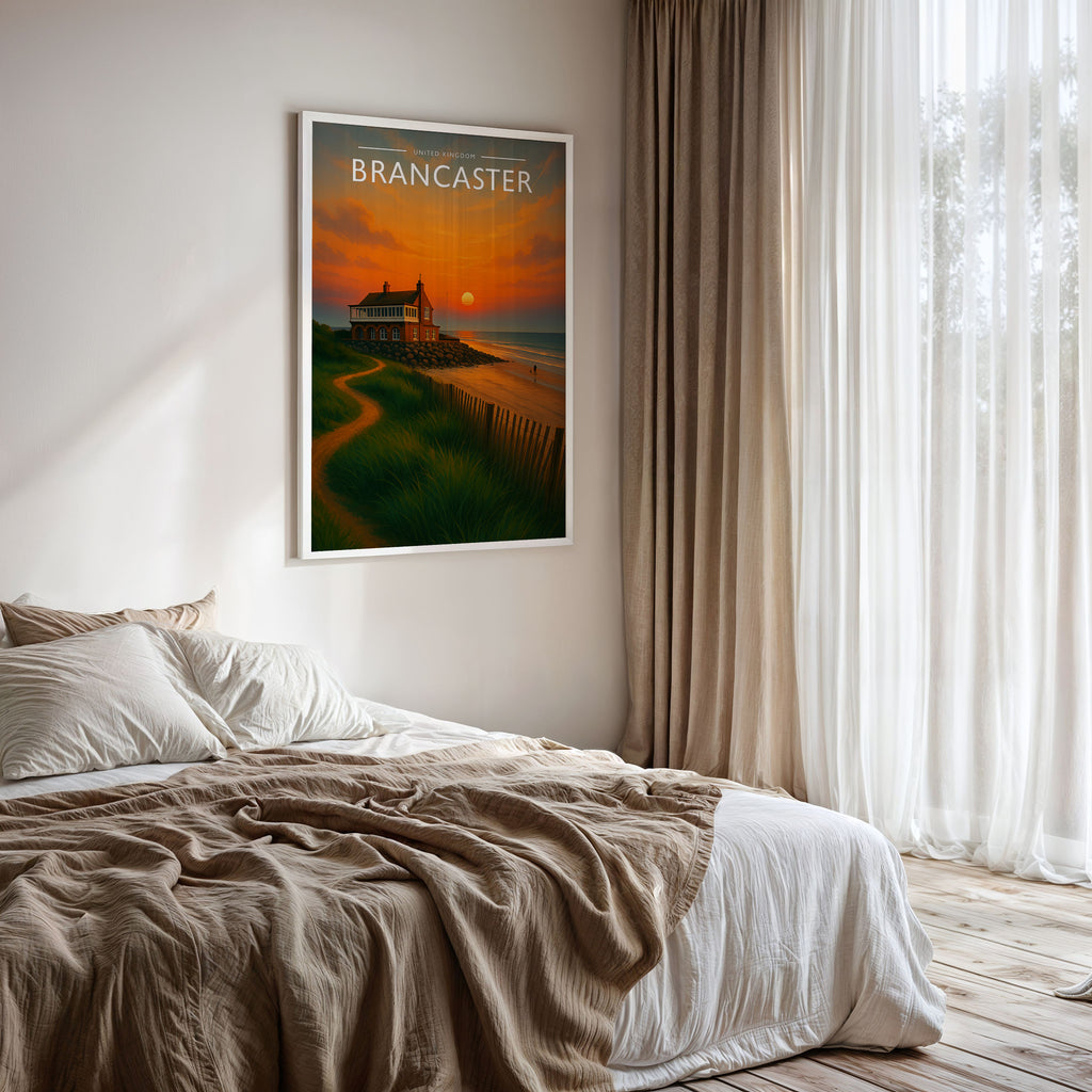 Brancaster Travel Poster framed on a bedroom wall