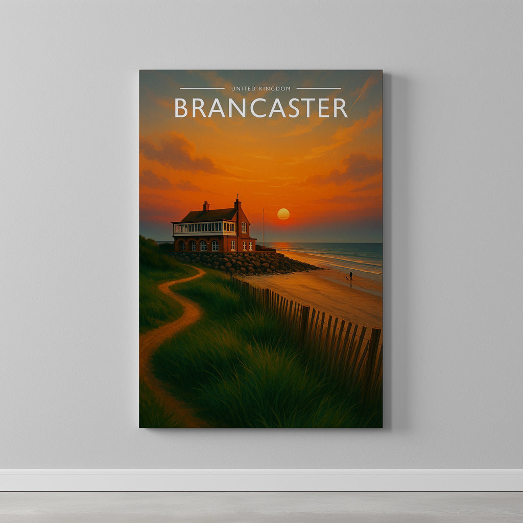 Brancaster Travel Poster as a gallery-wrapped canvas on a plain wall