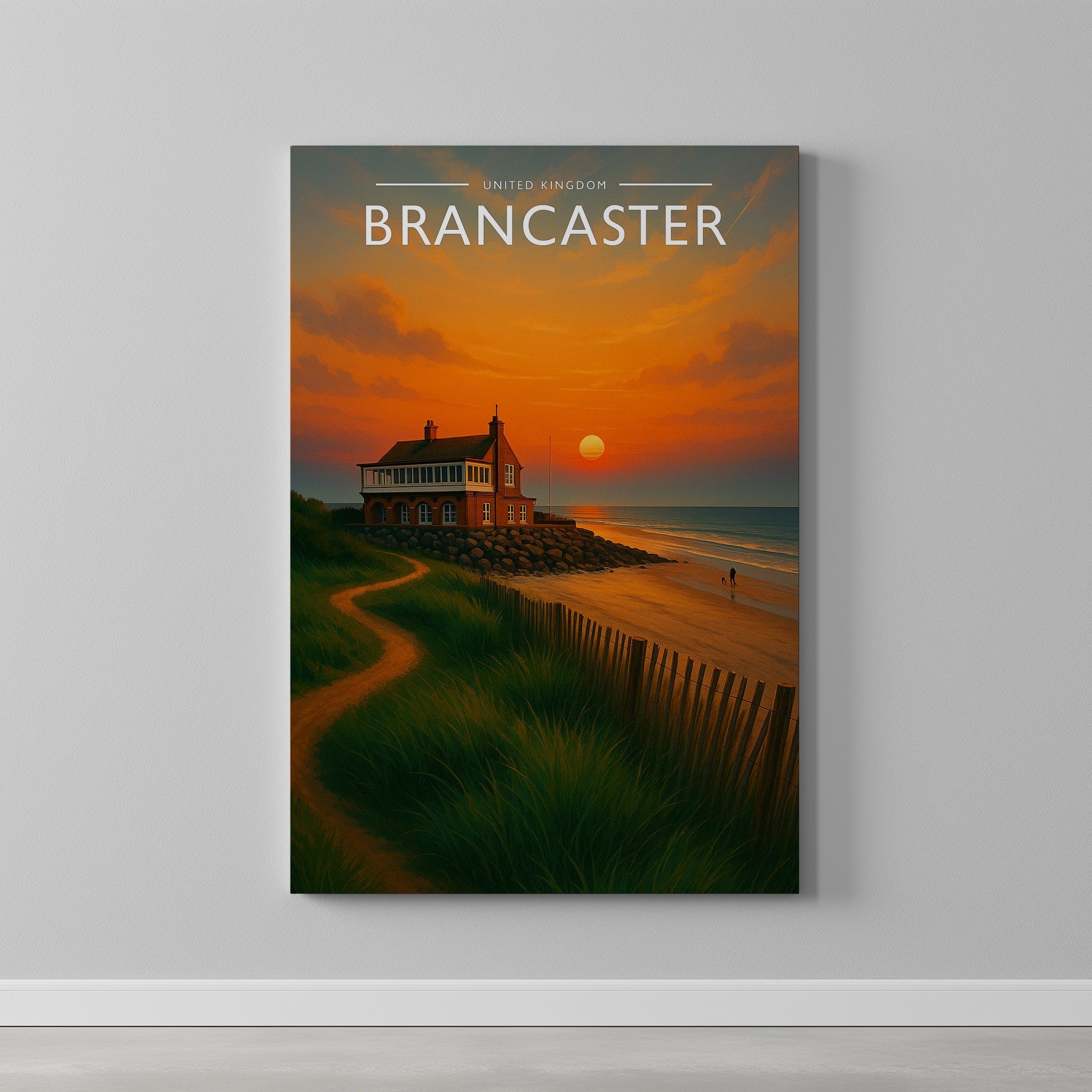 Brancaster Travel Poster as a gallery-wrapped canvas on a plain wall