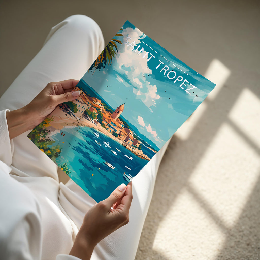 Saint Tropez Travel Poster - A4 print held in hand
