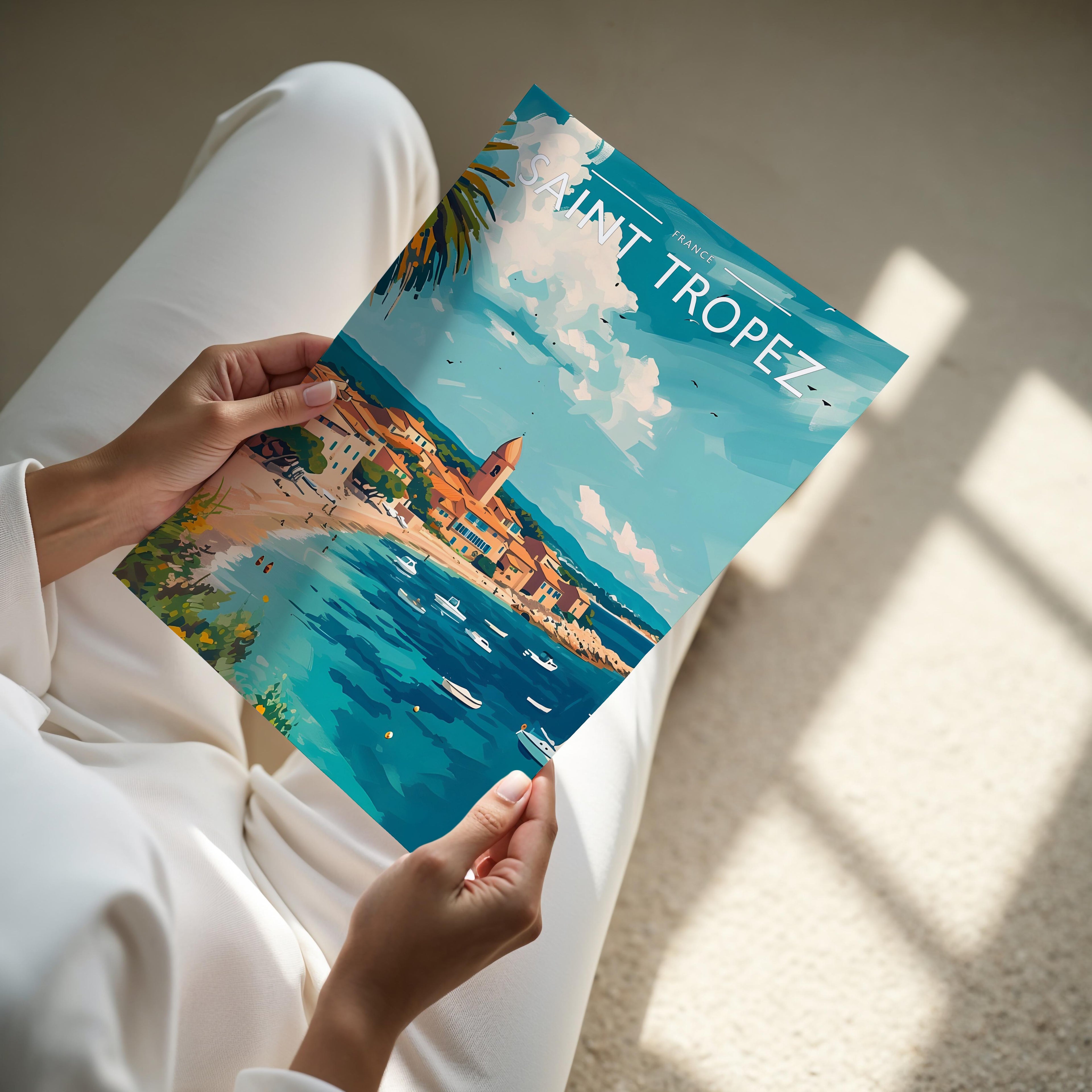 Saint Tropez Travel Poster - A4 print held in hand