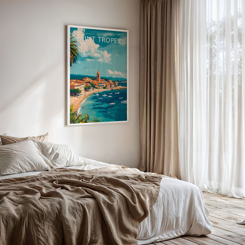 Saint Tropez Travel Poster framed on a bedroom wall