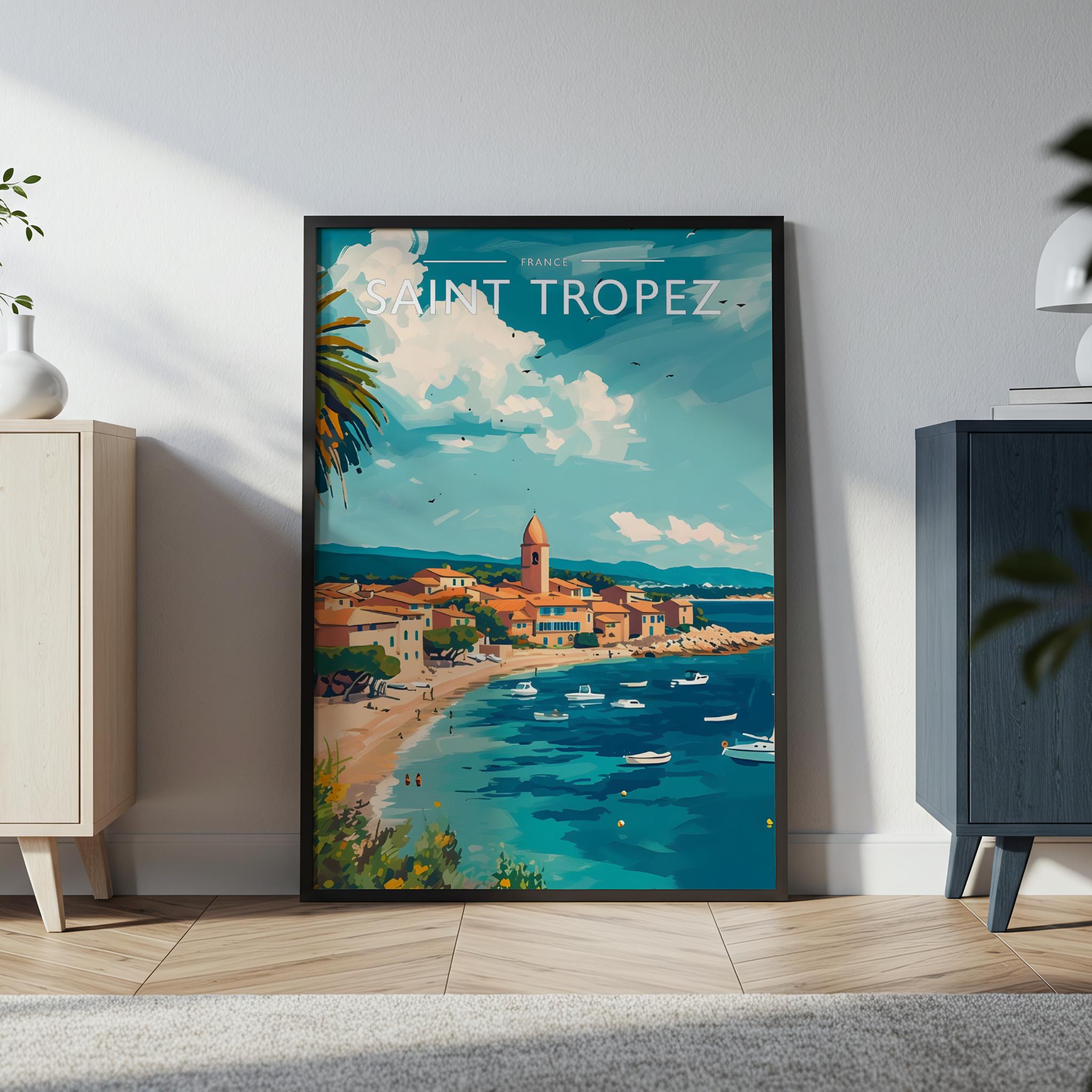 Saint Tropez Travel Poster in a black frame