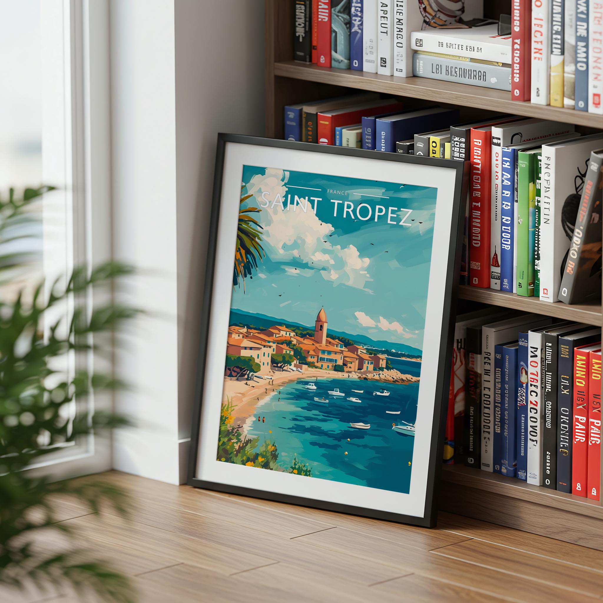 Saint Tropez Travel Poster mounted in a black frame