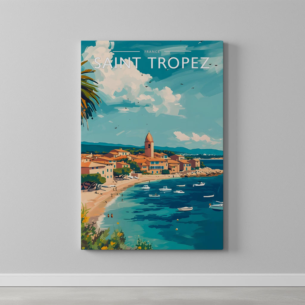Saint Tropez Travel Poster as a gallery-wrapped canvas on a plain wall