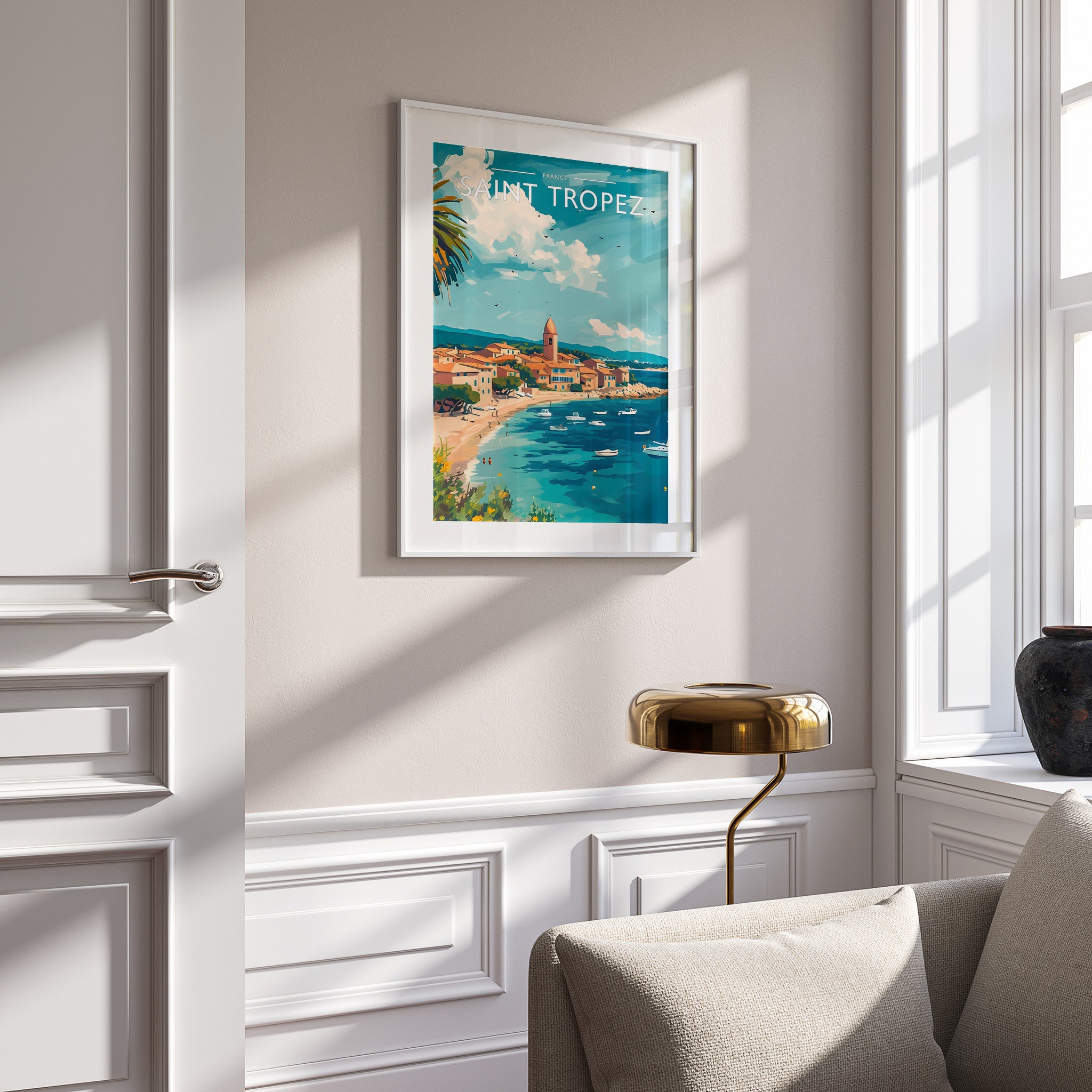Saint Tropez Travel Poster in a white frame on a panelled wall