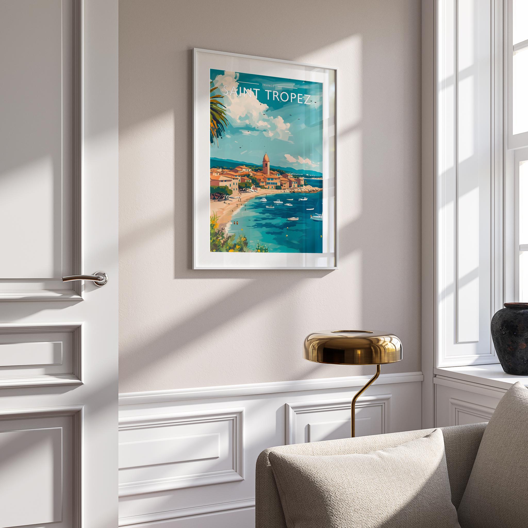 Saint Tropez Travel Poster mounted in a white frame