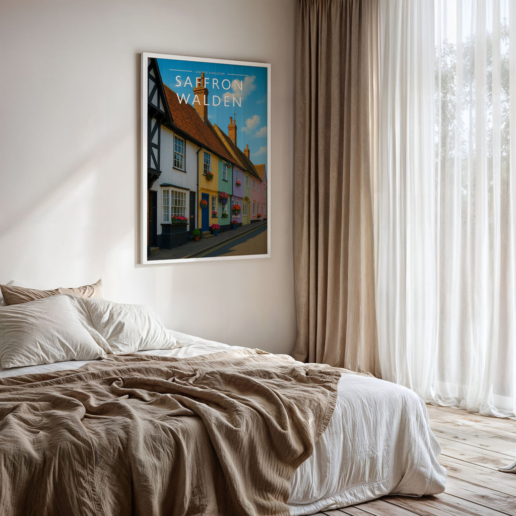 Saffron Walden Travel Poster framed on a bedroom wall
