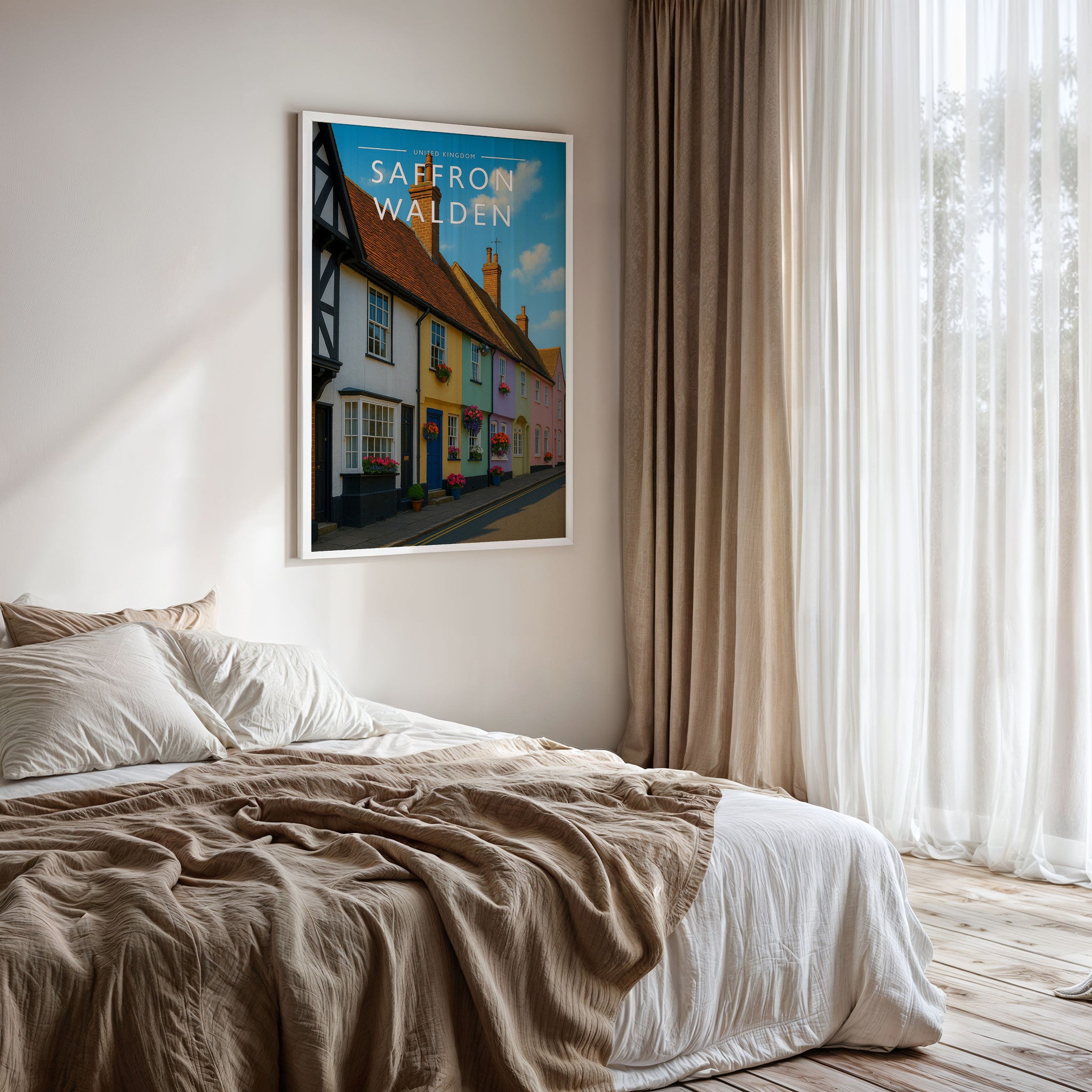 Saffron Walden Travel Poster framed on a bedroom wall