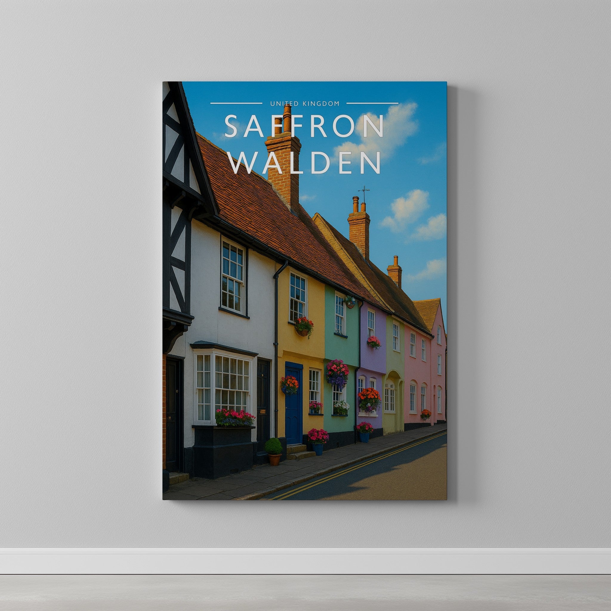 Saffron Walden Travel Poster as a gallery-wrapped canvas on a plain wall