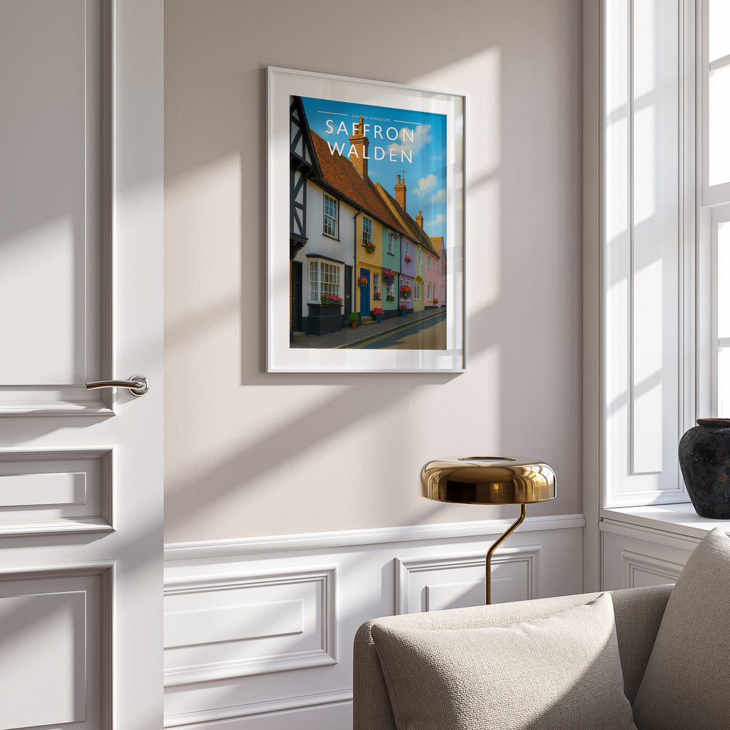 Saffron Walden Travel Poster in a white frame on a panelled wall