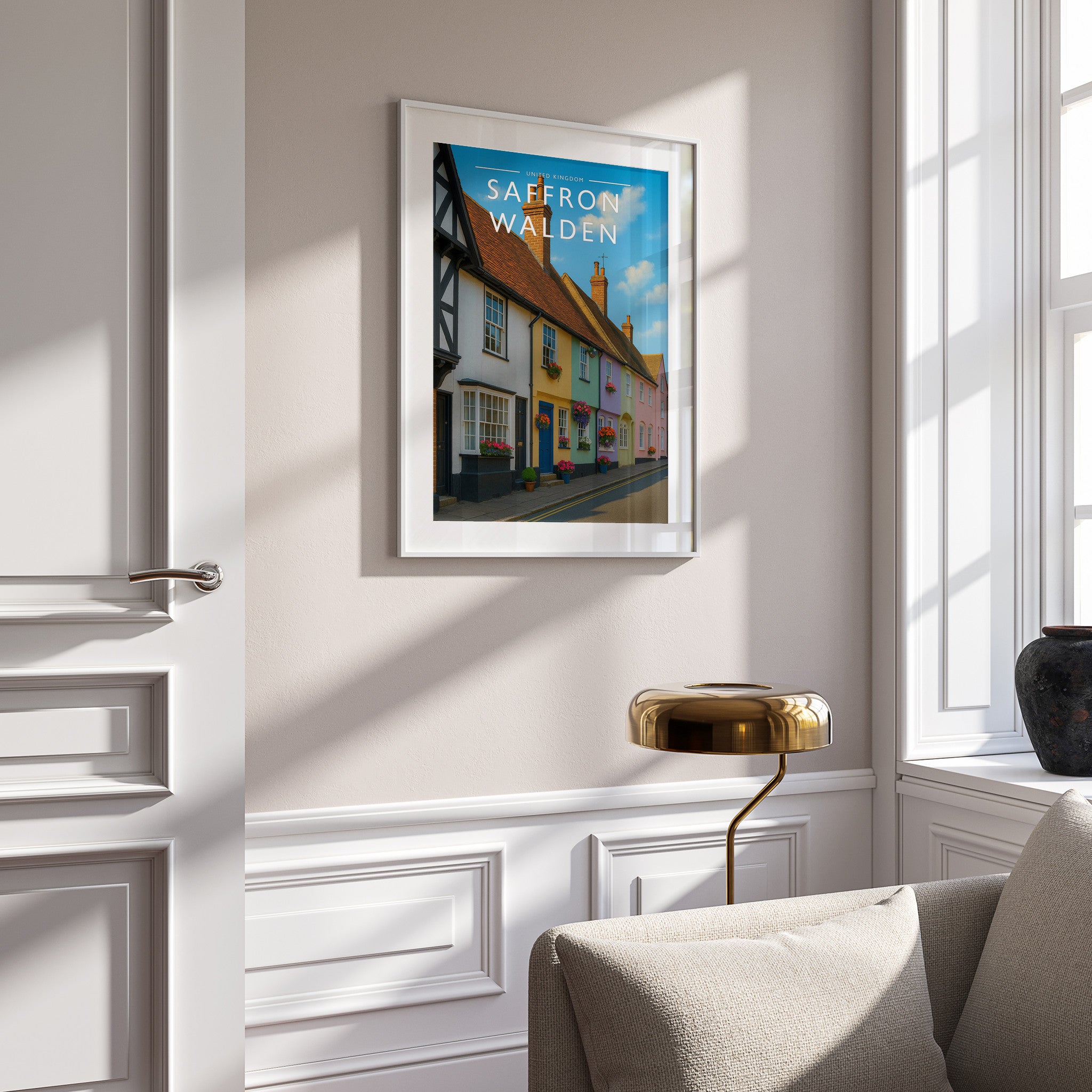 Saffron Walden Travel Poster in a white frame on a panelled wall